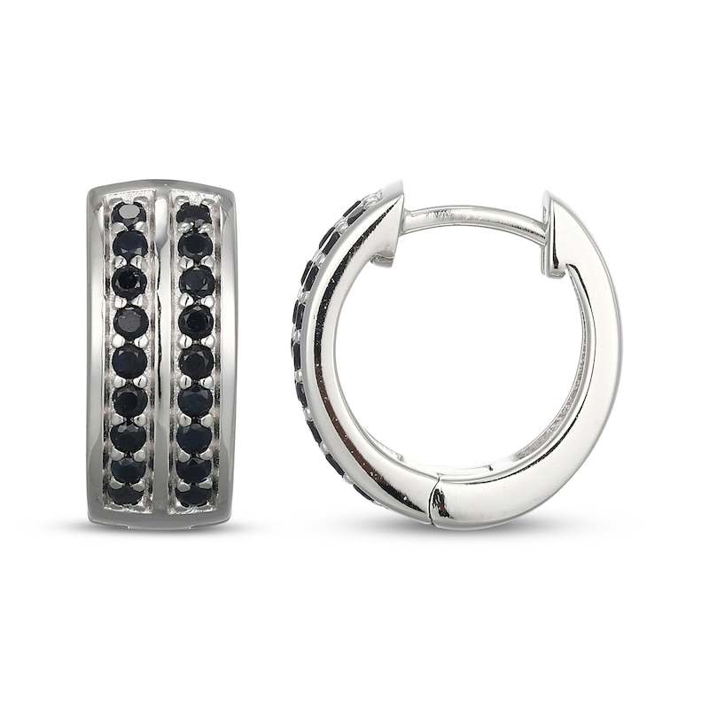 Main Image 3 of Men's Black Lab-Created Sapphire Two-Row Huggie Hoop Earrings Sterling Silver