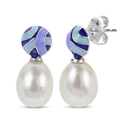 Cultured Pearl & Blue Pattern Enamel Drop Earrings Sterling Silver