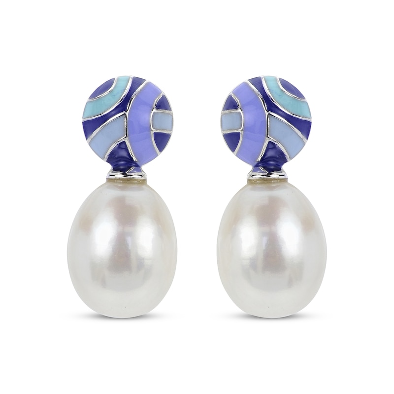 Main Image 2 of Cultured Pearl & Blue Pattern Enamel Drop Earrings Sterling Silver