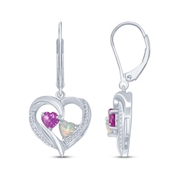 Heart-Shaped Pink Lab-Created Sapphire & Lab-Created Opal Dangle Earrings Sterling Silver