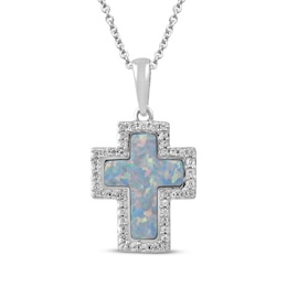 Lab-Created Opal & White Lab-Created Sapphire Cross Necklace Sterling Silver 18&quot;