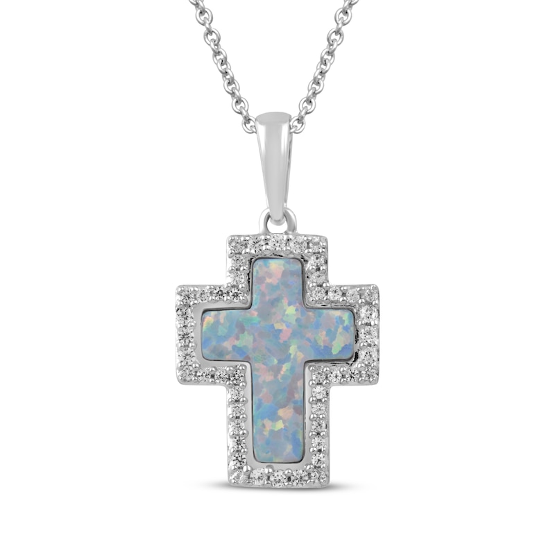 Lab-Created Opal & White Lab-Created Sapphire Cross Necklace Sterling Silver 18"