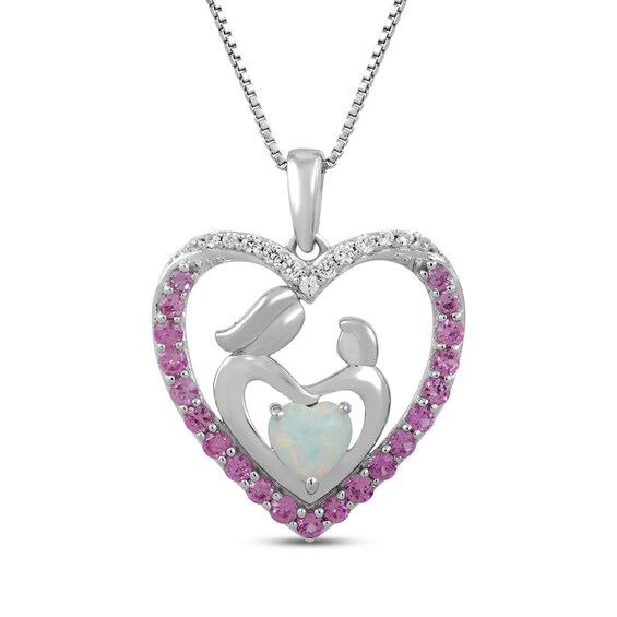 Heart-Shaped Lab-Created Opal & Pink Lab-Created Sapphire Mother & Child Necklace Sterling Silver 18"