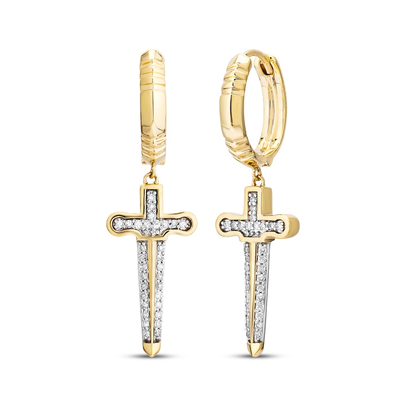 Main Image 1 of Men's White & Black Diamond Dagger Dangle Hoop Earrings 1/4 ct tw 10K Yellow Gold