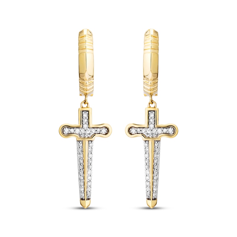 Main Image 2 of Men's White & Black Diamond Dagger Dangle Hoop Earrings 1/4 ct tw 10K Yellow Gold