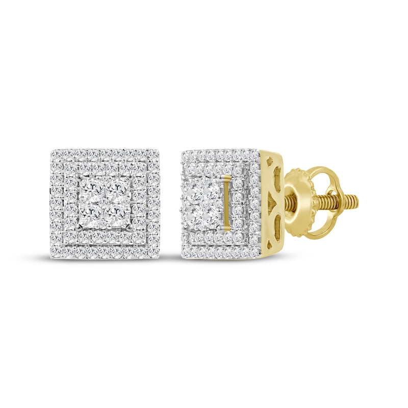 Main Image 1 of Multi-Diamond Square Double Halo Stud Earrings 3/4 ct tw 10K Yellow Gold