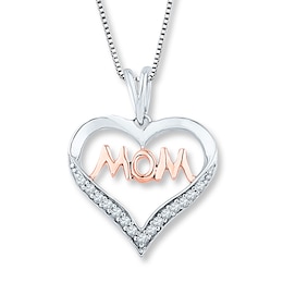 Mom Heart Necklace 1/10 ct tw Diamonds Sterling Silver & 10K Rose Gold 18&quot;