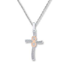 Cross Necklace 1/6 ct tw Diamonds Sterling Silver & 10K Rose Gold 18&quot;