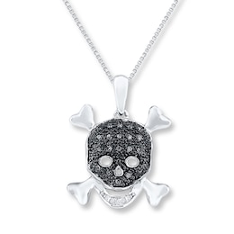 Skull & Crossbones Necklace 1/15 ct tw Diamonds Sterling Silver 18&quot;