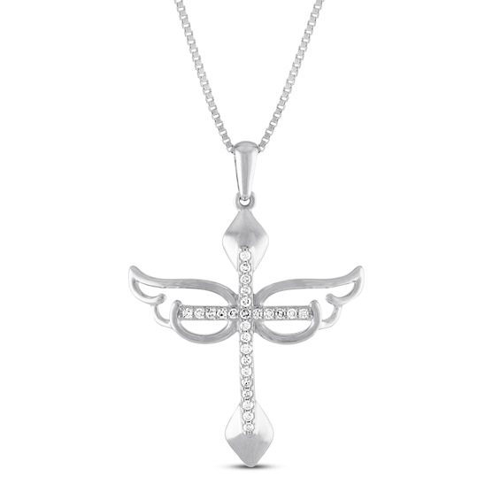 Diamond Angel Wing Cross Necklace 1/10 ct tw Sterling Silver | Womens ...