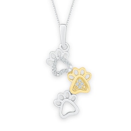 Paw Prints Necklace 1/20 cttw Diamonds Sterling Silver & 10K Yellow Gold 18&quot;