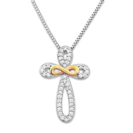 Cross Necklace 1/8 ct tw Diamonds Sterling Silver & 10K Yellow Gold 18&quot;