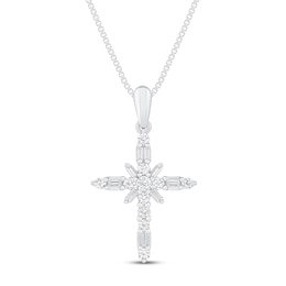 Diamond Cross Necklace 1/2 ct tw Round & Baguette 10K White Gold 18&quot;