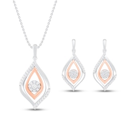 Diamond Necklace & Earrings Boxed Set 3/8 ct tw Round-cut Sterling Silver & 10K Rose Gold 18&quot;