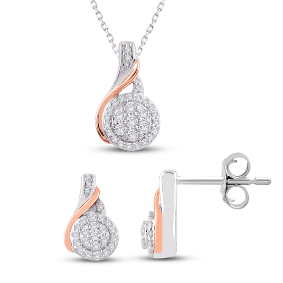 Diamond Necklace & Earrings Boxed Set 1/3 ct tw Sterling Silver & 10K Rose Gold 18"