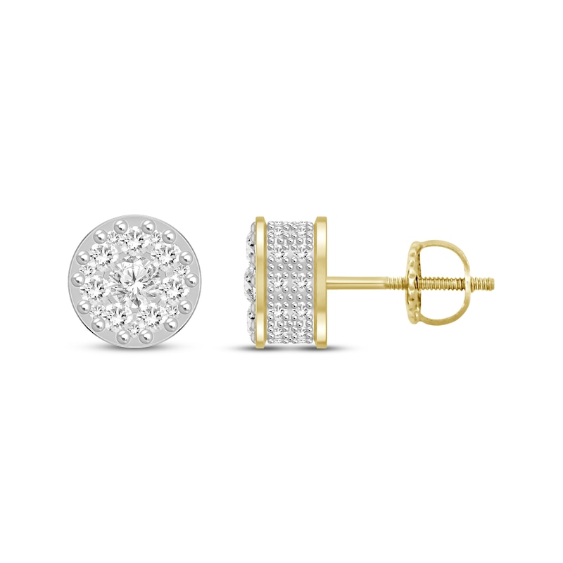 Main Image 3 of Men's Diamond Double Row Stud Earrings 1/2 ct tw Round-cut 10K Yellow Gold