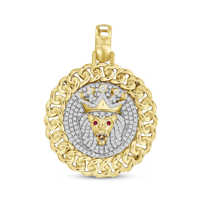 Main Image 1 of Men's Lab-Created Ruby & Diamond Lion Pendant 3/8 ct tw 10K Yellow Gold