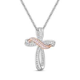 Diamond Cross Necklace 1/4 ct tw Round-cut Sterling Silver & 10K Rose Gold 18&quot;