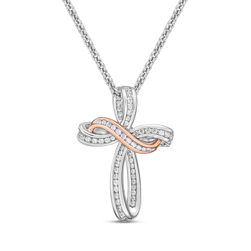 Main Image 1 of Diamond Cross Necklace 1/4 ct tw Round-cut Sterling Silver & 10K Rose Gold 18&quot;