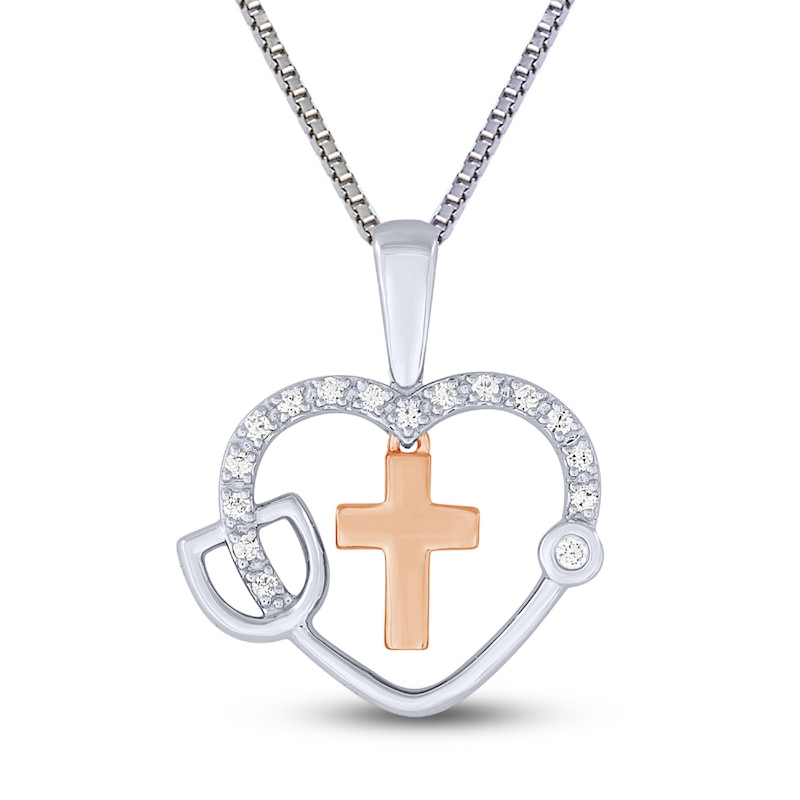 Diamond Heart/Cross Necklace 1/10 ct tw Sterling Silver & 10K Rose Gold 18