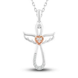 Diamond Cross/Angel Necklace 1/15 ct tw Round-cut Sterling Silver & 10K Rose Gold 18&quot;