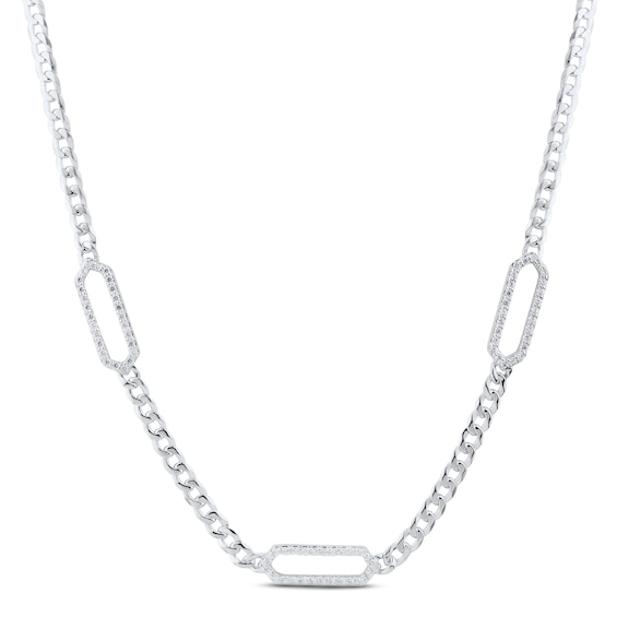 Diamond Hexagon Curb Chain Necklace 1/2 ct tw Round-cut Sterling Silver 18"