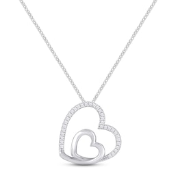 Diamond Double Heart Necklace 1/10 ct tw Round-cut Sterling Silver 19&quot;