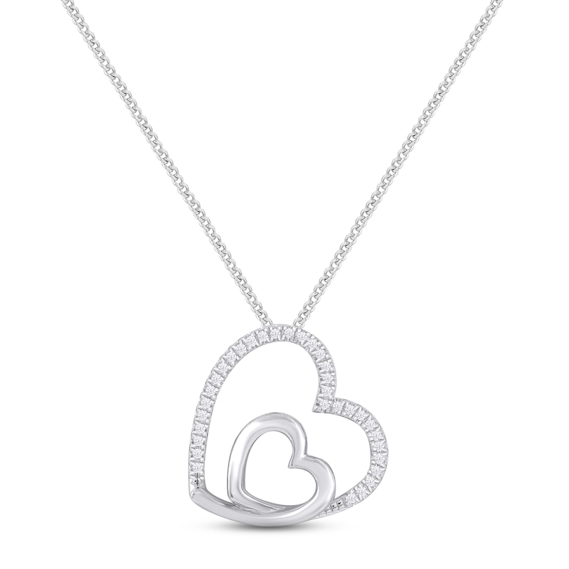 Main Image 1 of Diamond Double Heart Necklace 1/10 ct tw Round-cut Sterling Silver 19&quot;