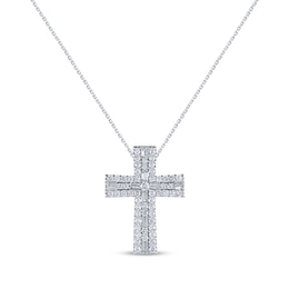 Baguette & Round-Cut Diamond Cross Necklace 3 ct tw 14K White Gold 18&quot;