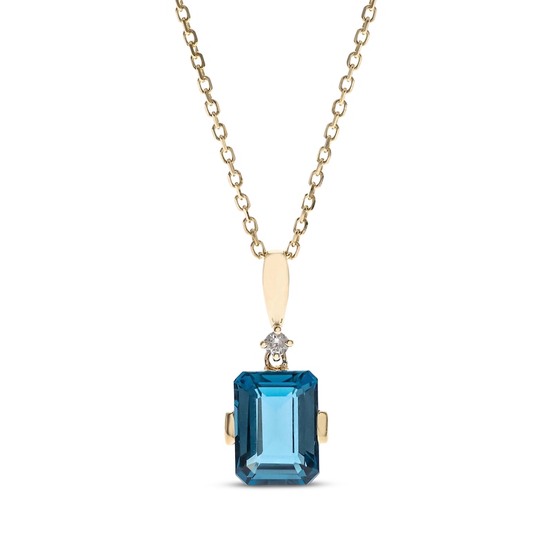 Main Image 1 of Emerald-Cut London Blue Topaz & Diamond Necklace 10K Yellow Gold 18”