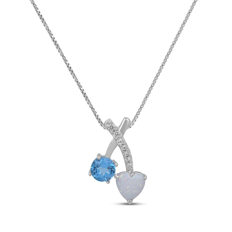 Main Image 1 of Heart-Shaped Lab-Created Opal, Round-Cut Swiss Blue Topaz & White Lab-Created Sapphire Necklace Sterling Silver 18&quot;