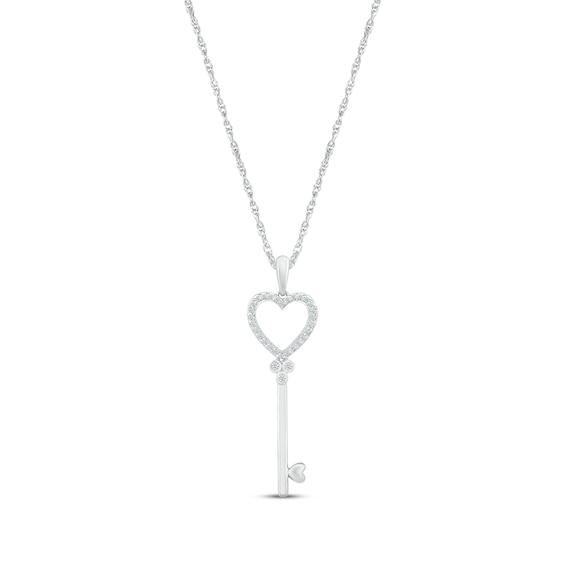 Round-Cut Diamond Heart & Key Necklace 1/10 ct tw Sterling Silver 18”