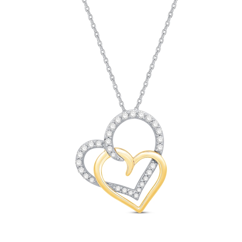 Main Image 1 of Round-Cut Diamond Double Heart Necklace 1/3 ct tw 10K Two-Tone Gold 19”