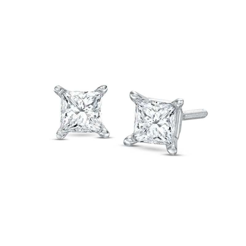 Main Image 1 of Certified Princess-Cut Diamond Solitaire Stud Earrings 1/2 ct tw 14K White Gold (I/SI2)