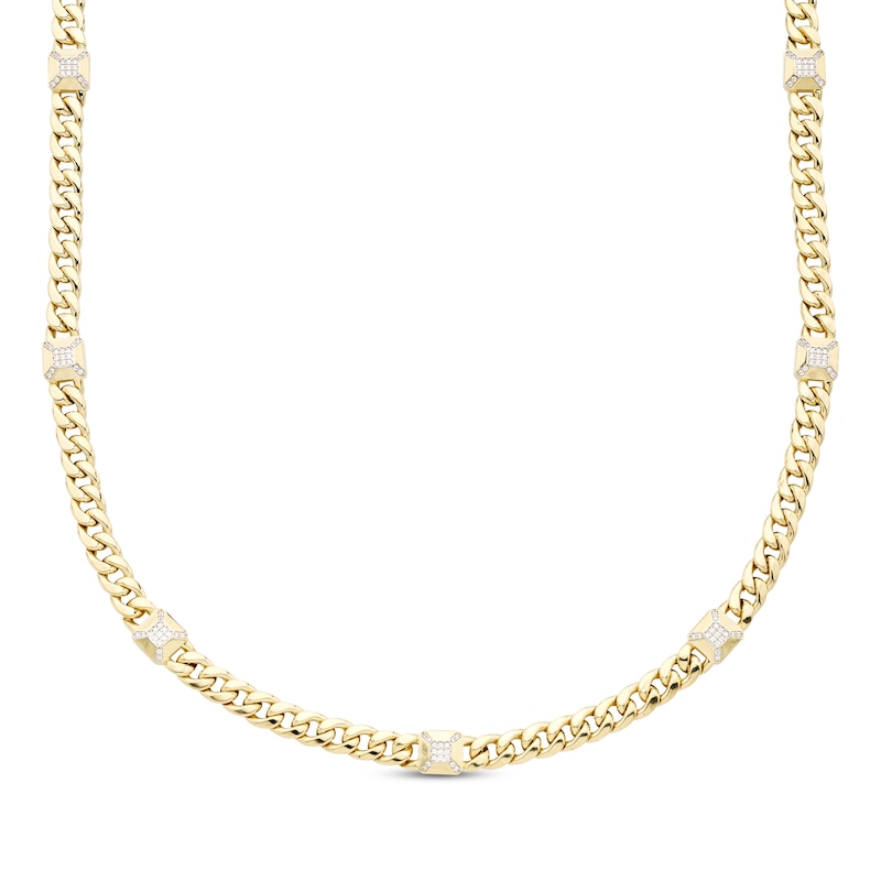 Main Image 1 of Men's Diamond Station Solid Cuban Curb Chain Necklace 1/2 ct tw 10K Yellow Gold 20&quot;