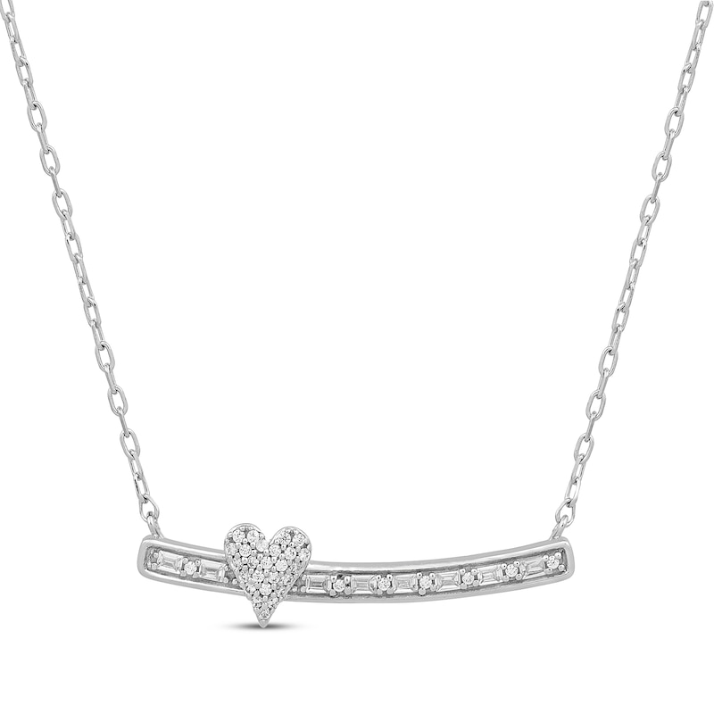 Baguette & Round-Cut Diamond Heart Smile Necklace 1/10 ct tw 10K White Gold 18"