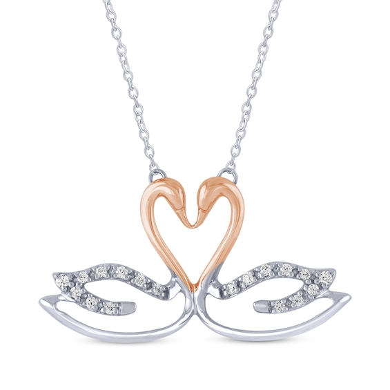 Diamond Swans Heart Necklace 1/15 ct tw Sterling Silver & 10K Rose Gold 18"