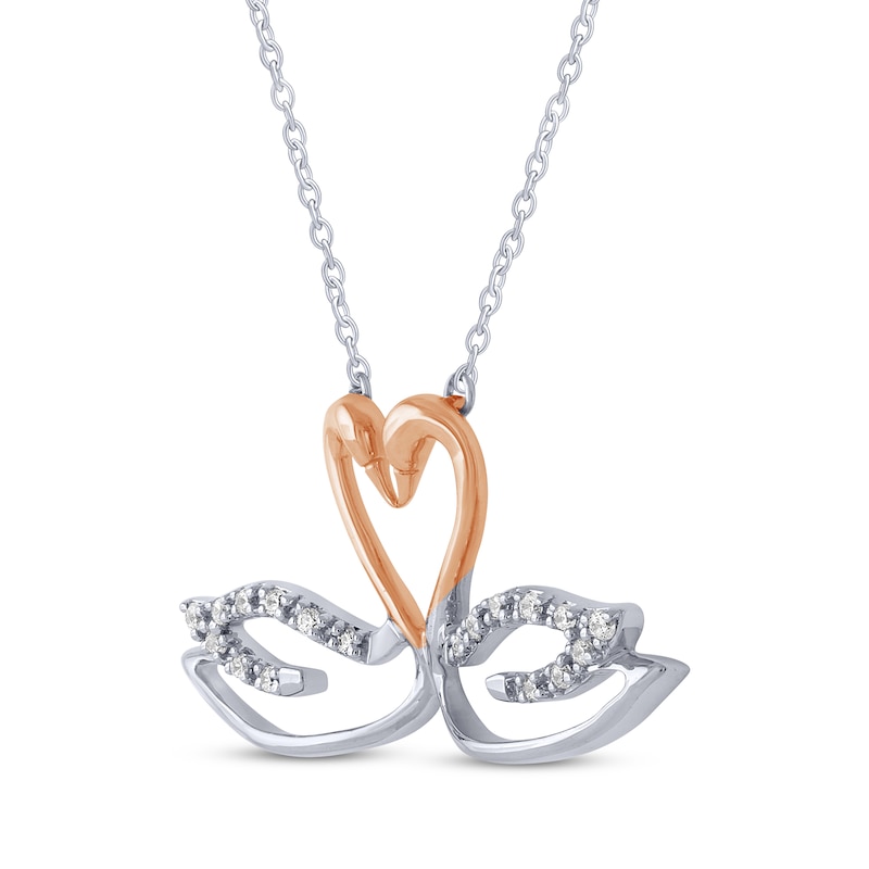 Diamond Swans Heart Necklace 1/15 ct tw Sterling Silver & 10K Rose Gold 18"