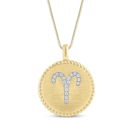 Diamond Zodiac Aries Symbol Brushed Disc Necklace 1/10 ct tw 10K Yellow Gold 18&quot;