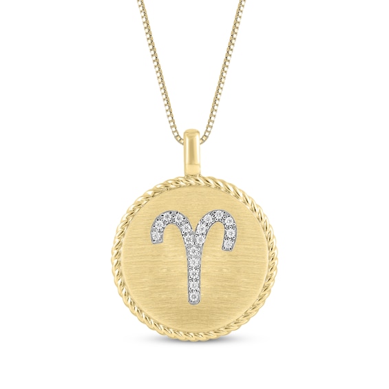 Diamond Zodiac Aries Symbol Brushed Disc Necklace 1/10 ct tw 10K Yellow Gold 18"