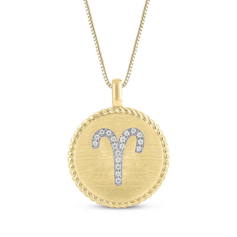 Diamond Zodiac Aries Symbol Brushed Disc Necklace 1/10 ct tw 10K Yellow Gold 18"