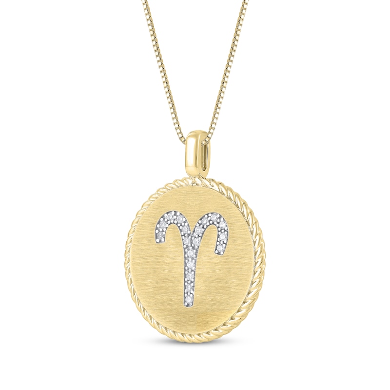 Diamond Zodiac Aries Symbol Brushed Disc Necklace 1/10 ct tw 10K Yellow Gold 18"