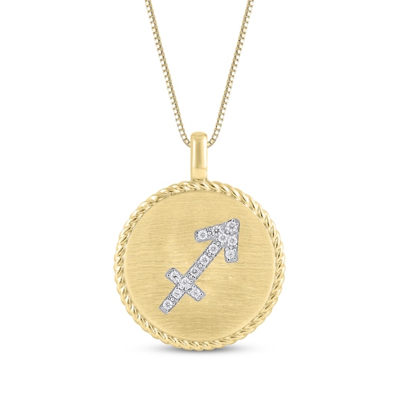 Diamond Zodiac Sagittarius Symbol Brushed Disc Necklace 1/10 ct tw 10K Yellow Gold 18"