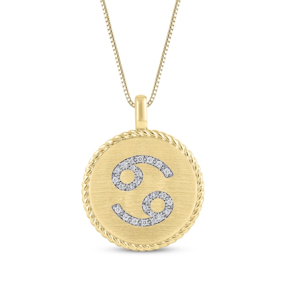 Diamond Zodiac Cancer Symbol Brushed Disc Necklace 1/10 ct tw 10K Yellow Gold 18"