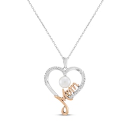 Cultured Pearl & White Lab-Created Sapphire &quot;Mom&quot; Heart Necklace Sterling Silver & 10K Rose Gold 18&quot;