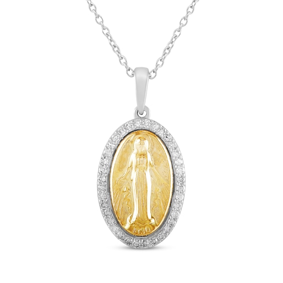 Diamond Mother Mary Oval Necklace 1/4 ct tw 10K Yellow Gold & Sterling Silver 18"
