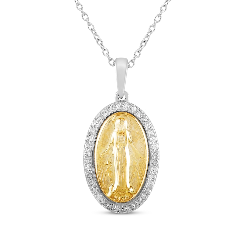 Main Image 1 of Diamond Mother Mary Oval Necklace 1/4 ct tw 10K Yellow Gold & Sterling Silver 18&quot;