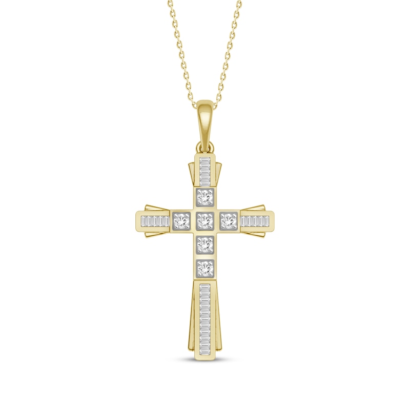 Main Image 1 of Baguette & Round-Cut Diamond Cross Necklace 1/3 ct tw 10K Yellow Gold 18&quot;