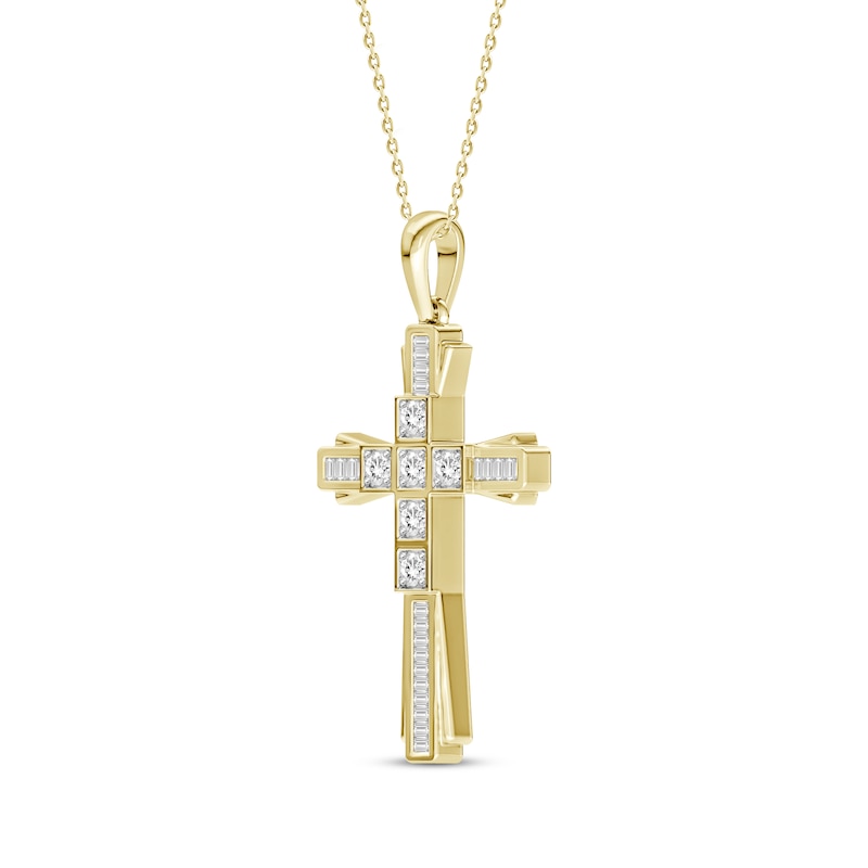 Main Image 2 of Baguette & Round-Cut Diamond Cross Necklace 1/3 ct tw 10K Yellow Gold 18&quot;