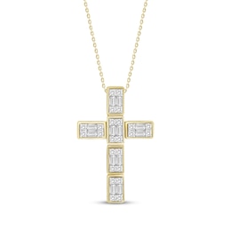 Baguette & Round-Cut Diamond Grid Cross Necklace 1/2 ct tw 10K Yellow Gold 18&quot;